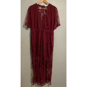 Eleter Dress Womens Size XL Red Lace Maxi Short Sleeve Formal Romantic Boho NWT